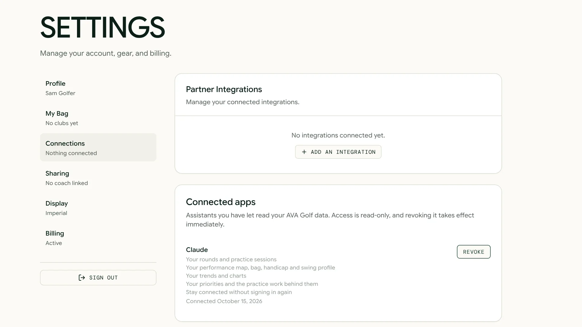 The Connected apps section of AVA Golf's Connections settings, listing Claude with the access it was granted, the date it was connected, and a Revoke button