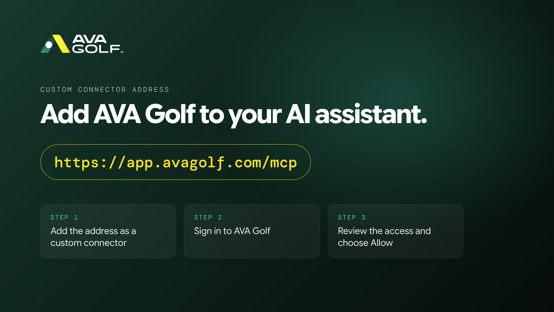 The AVA Golf logo with the line "Add AVA Golf to your AI assistant.", the connector address https://app.avagolf.com/mcp, and three steps: add the address as a custom connector, sign in to AVA Golf, then review the access and choose Allow