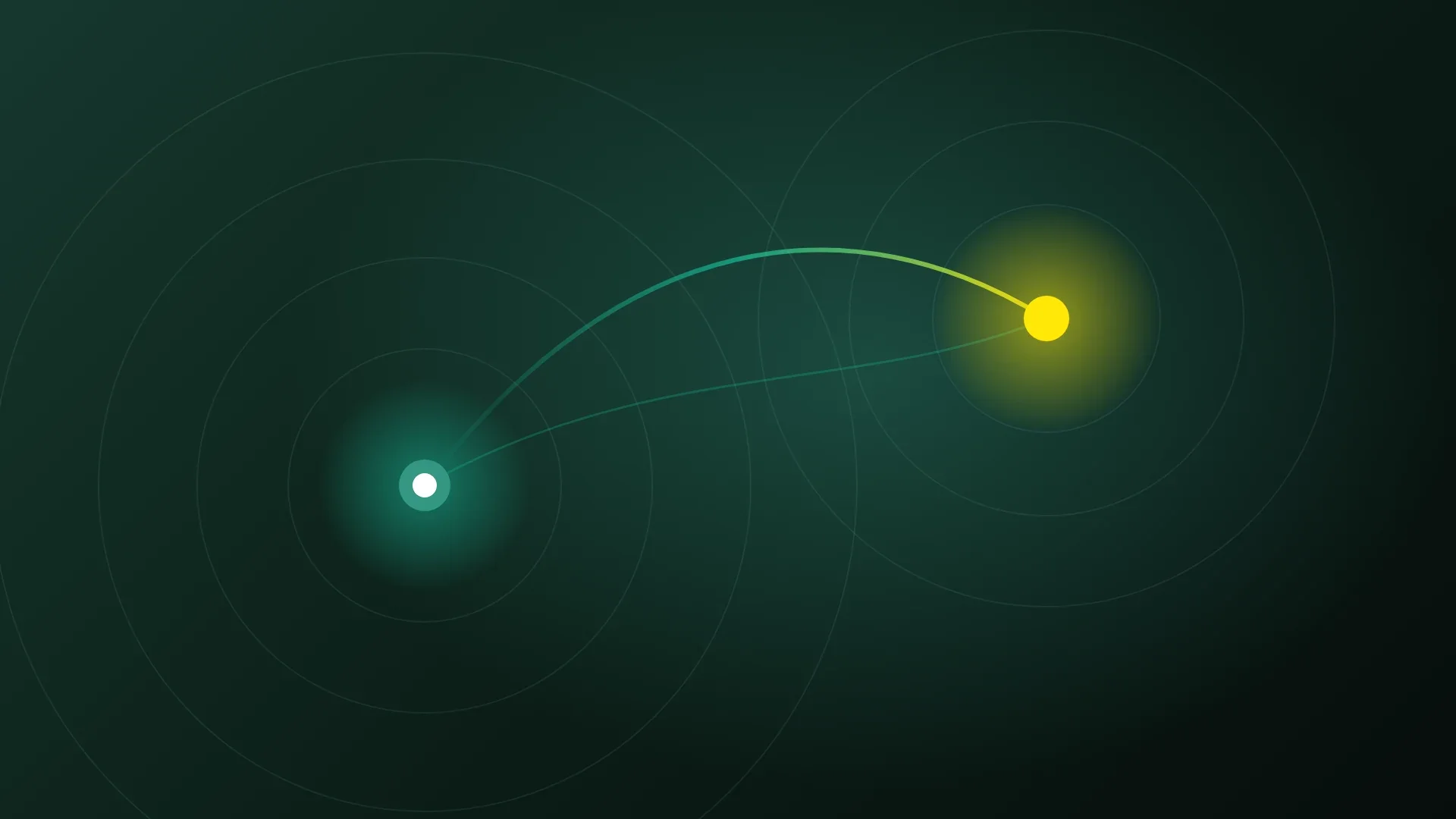Abstract AVA Golf brand artwork in deep greens, with a glowing green point and a glowing yellow point joined by an arc