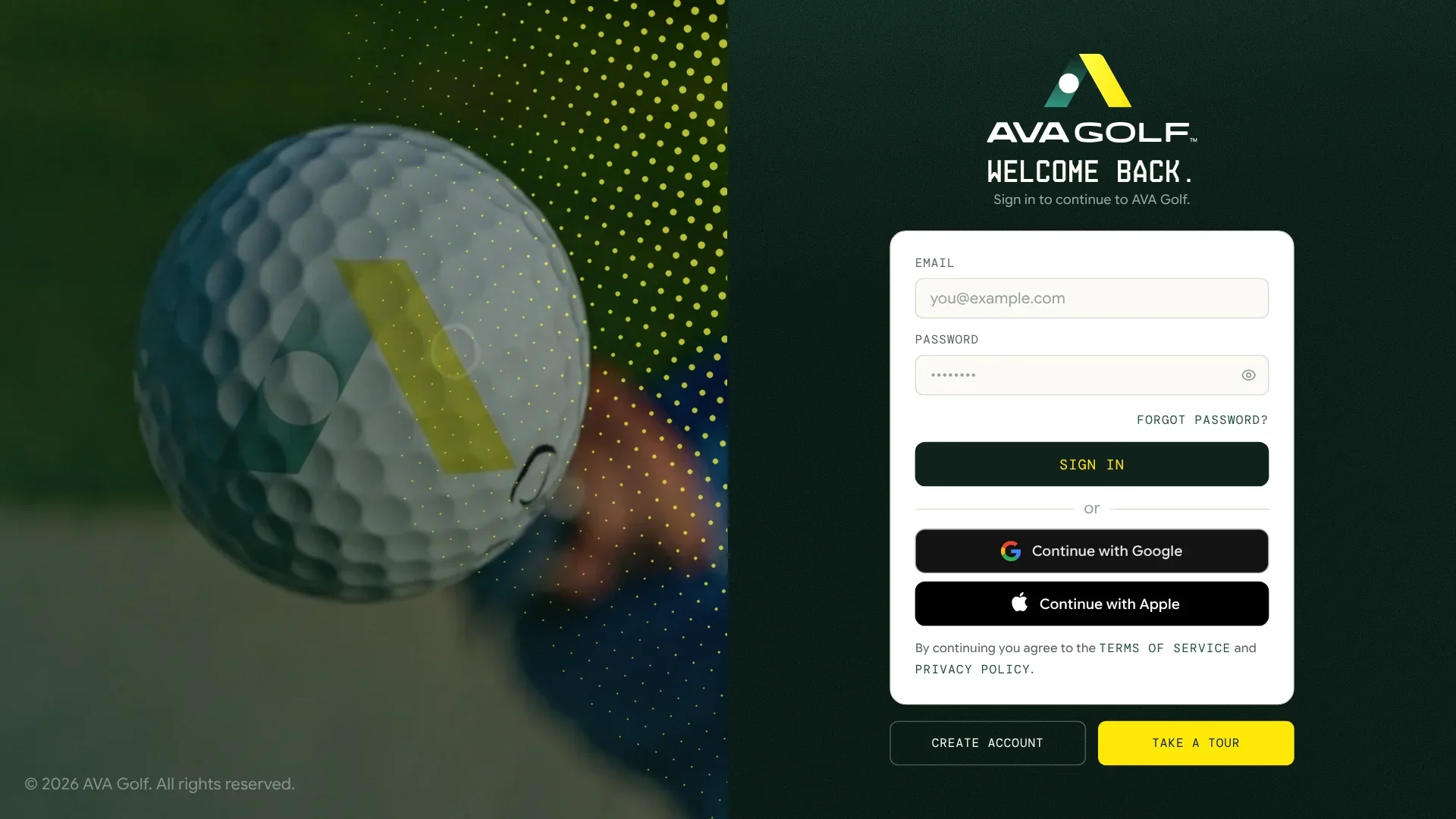 AVA Golf's "Welcome back." sign-in page, with email and password fields, a Sign In button, options to continue with Google or Apple, and Create account and Take a tour buttons below