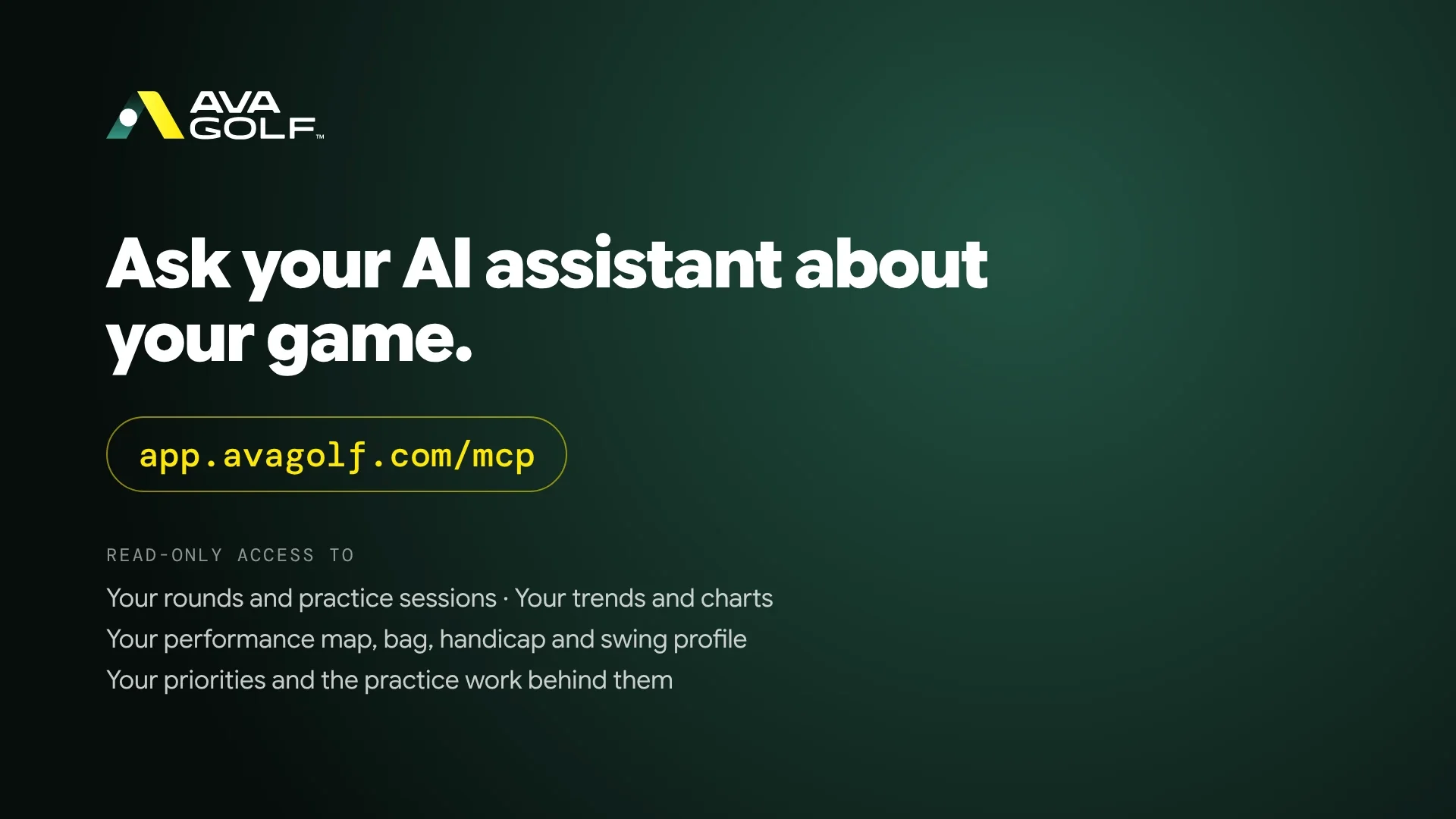 The AVA Golf logo above the line "Ask your AI assistant about your game." and the address app.avagolf.com/mcp, with the read-only access an assistant gets: rounds and practice sessions, trends and charts, performance map, bag, handicap and swing profile, and priorities
