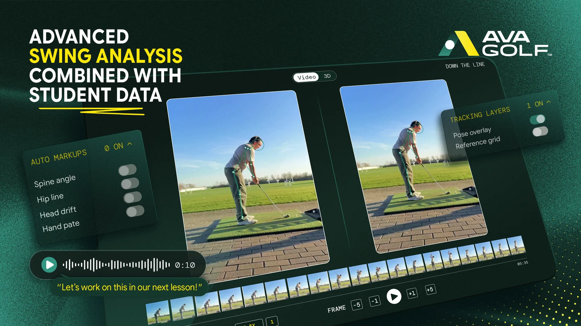 AVA Golf's swing analyzer with two down-the-line videos side by side, a pose overlay traced on the golfer, and toggles for spine angle, hip line and head drift